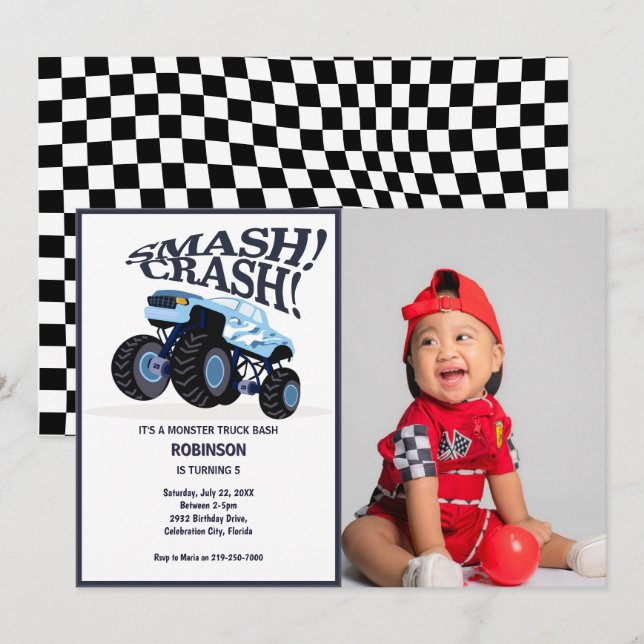 Invitation Smash Crash - Moderne Blue Monster Photo Camion (Devant / Derrière)