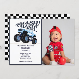 Invitation Smash Crash - Moderne Blue Monster Photo Camion