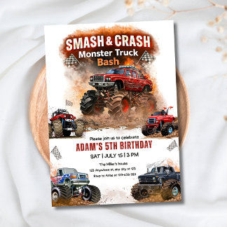 Invitation Smash & Crash Monster Truck Bash Birthday Boys Car