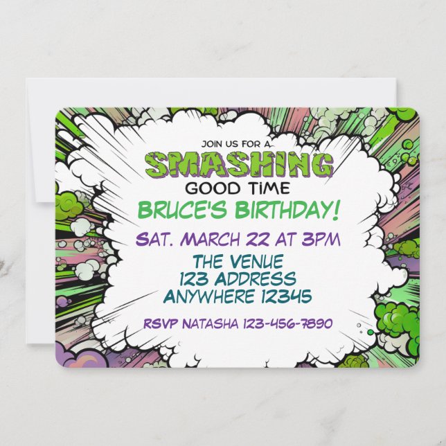 Invitation Smashing Green Purple Comic Birthday (Devant)