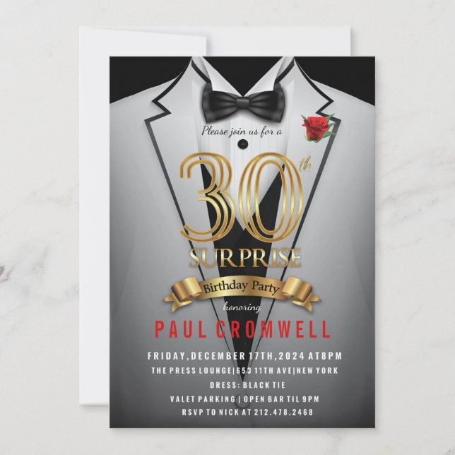 Invitation smoking pour 30e anniversaire surprise (Devant)