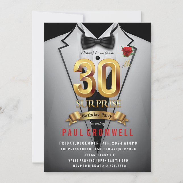 Invitation smoking pour 30e anniversaire surprise (Devant)