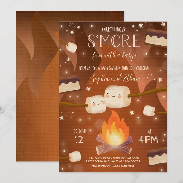 Invitation S'more Baby shower de feu de camp neutre pour les  (Devant / Derrière)