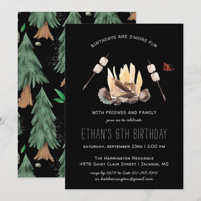 Invitation S'more Fun | Fête d'anniversaire de camping (Devant / Derrière)