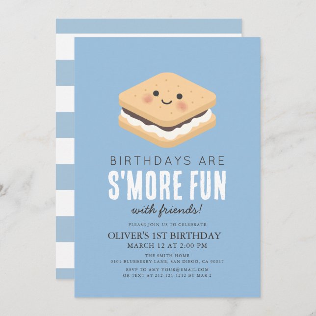 Invitation S'more Fun Kawaii Blue Boy 1er anniversaire (Devant / Derrière)