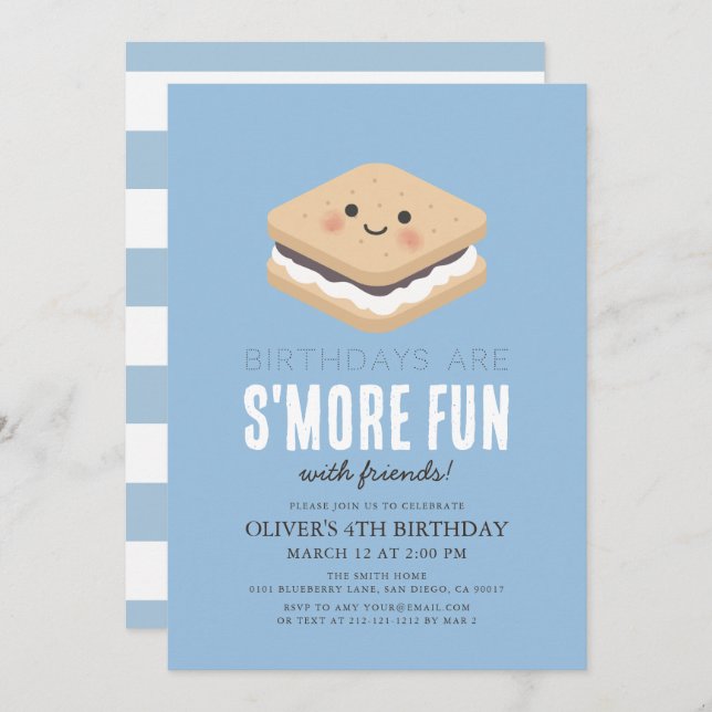 Invitation S'more Fun Kawaii Blue Kids Boy Anniversaire (Devant / Derrière)
