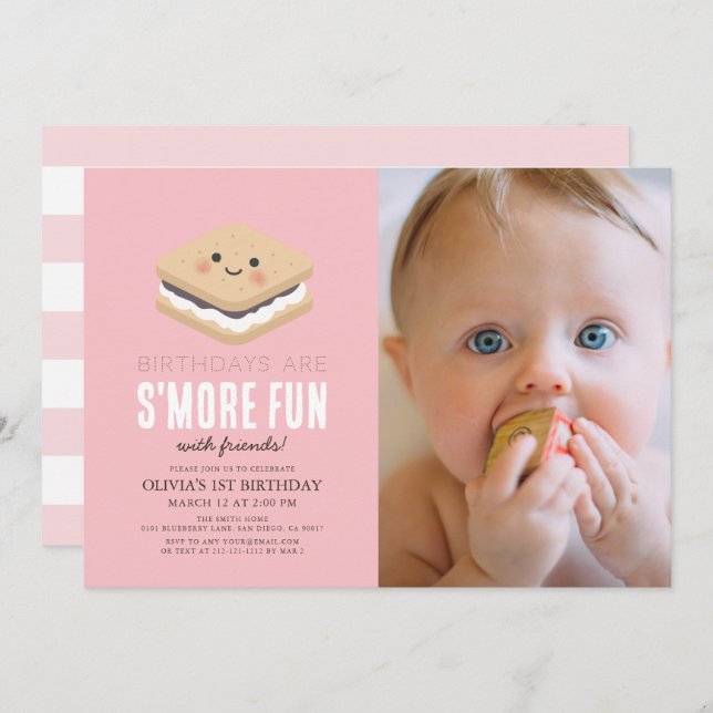 Invitation S'more Fun Kawaii Rose Girl 1er Anniversaire Photo (Devant / Derrière)