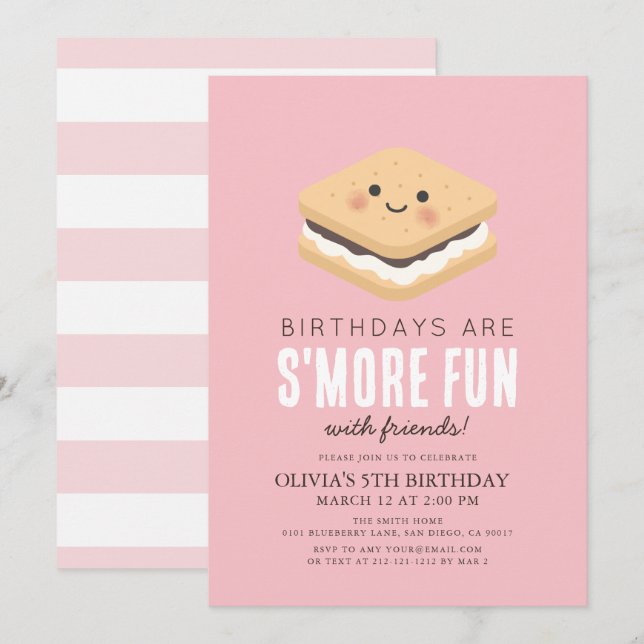 Invitation S'more Fun Kawaii Rose Girl Anniversaire (Devant / Derrière)