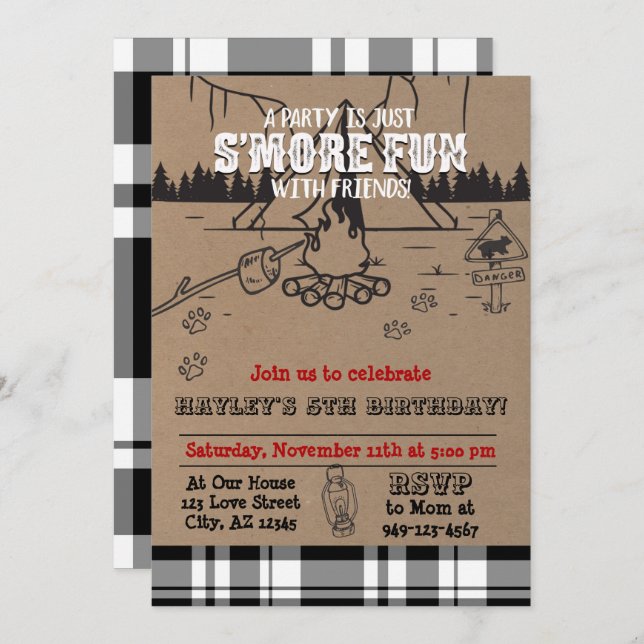 Invitation S'more Party Buffalo Check Plaid Anniversaire (Devant / Derrière)