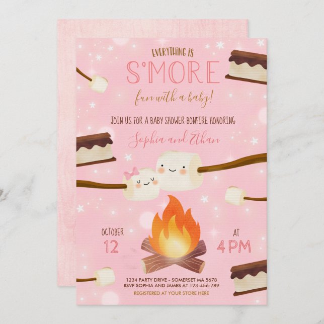 Invitation S'more Pink Girl Bonfire Baby shower (Devant / Derrière)