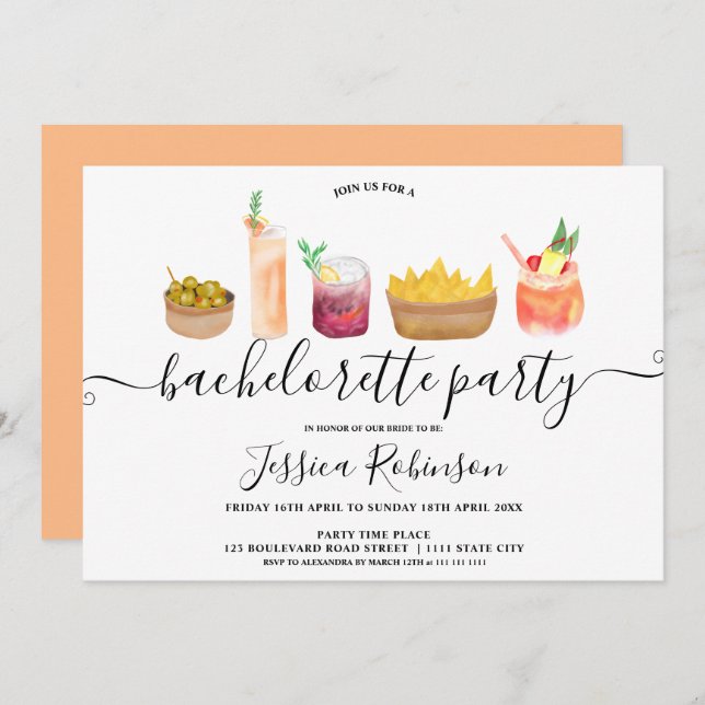 Invitation Snacks modernes cocktails aquarelle bachelorette (Devant / Derrière)