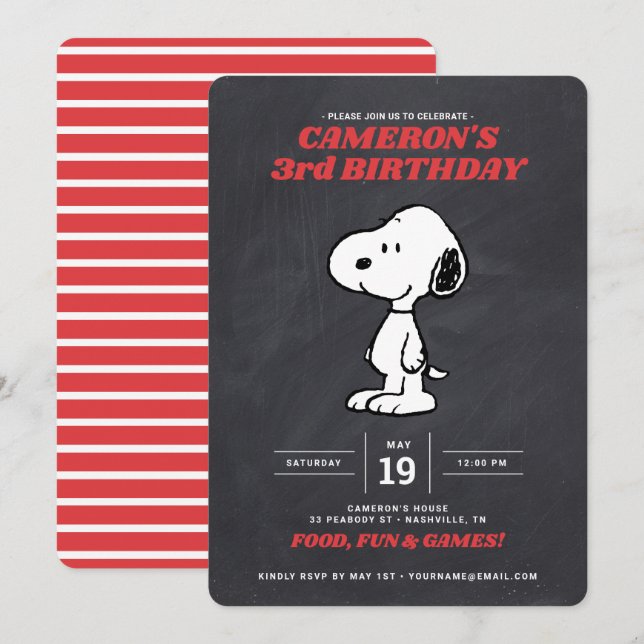 Invitation Snoopy d'arachides - Chalkboard Anniversaire Invit (Devant / Derrière)
