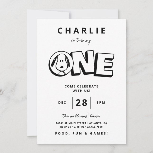 Invitation Snoopy noir et blanc simple Premier anniversaire (Devant)