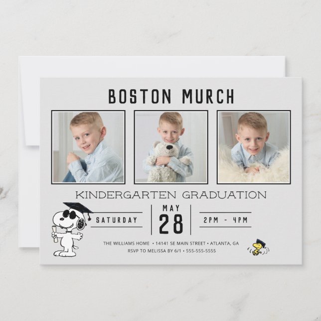 Invitation Snoopy & Woodstock Graduation avec 3 Photos (Devant)