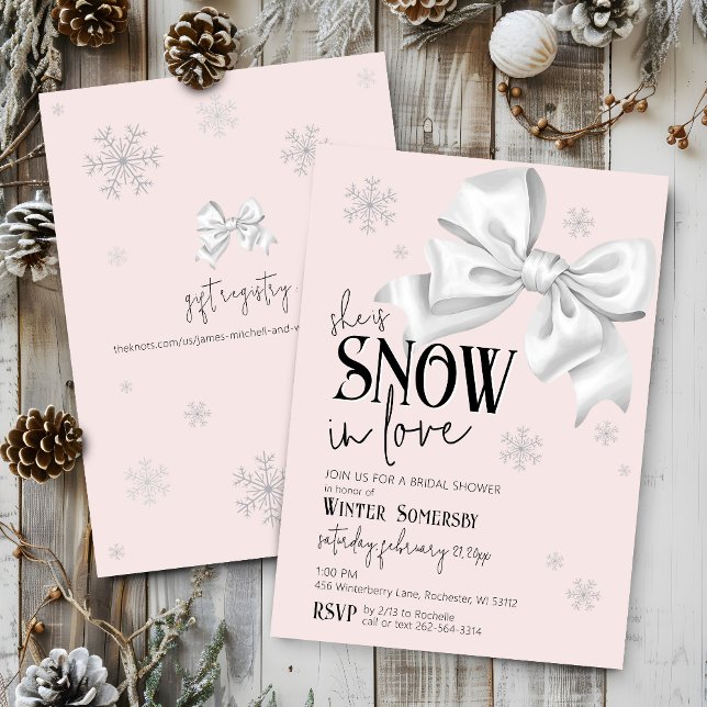 Invitation Snow In Love Modern Bow Pink Winter Bridal Shower (Simple elegant minimal Snow In Love watercolor white bow snowflakes pink bridal shower invitation)