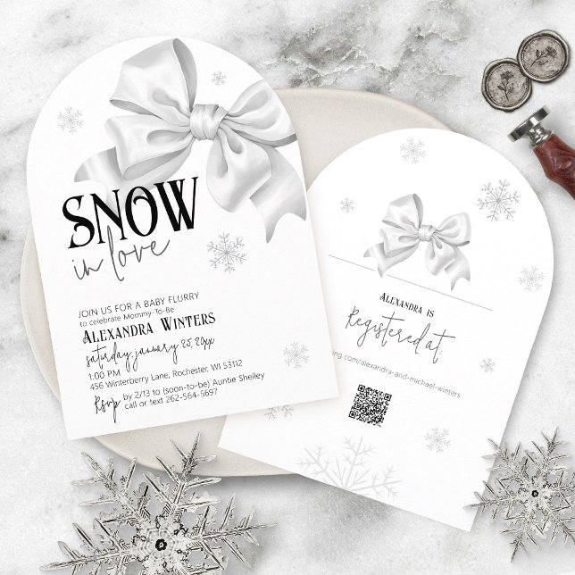Invitation Snow In Love White Bow Baby Shower Winter Arch QR (Arch black and white elegant baby girl or boy winter snowflake white bow QR code Snow in love shower)