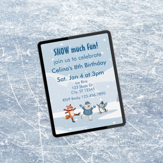 Invitation Snow Much Fun, ice skating animals winter birthday (Créateur téléchargé)