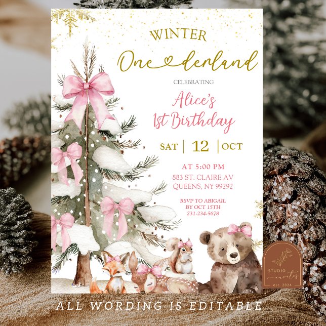 Invitation Snow Pink Winter Onederland First Birthday  (Créateur téléchargé)