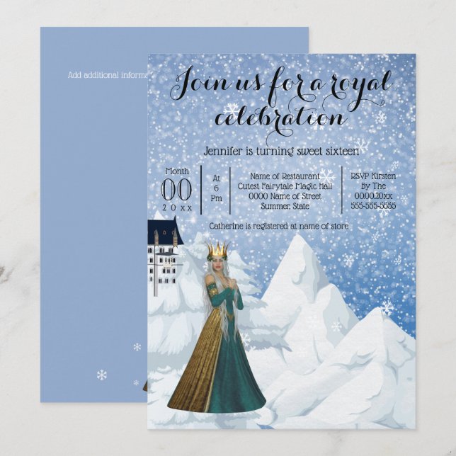 Invitation Snow Queen château princesse thème fête bleu (Devant / Derrière)