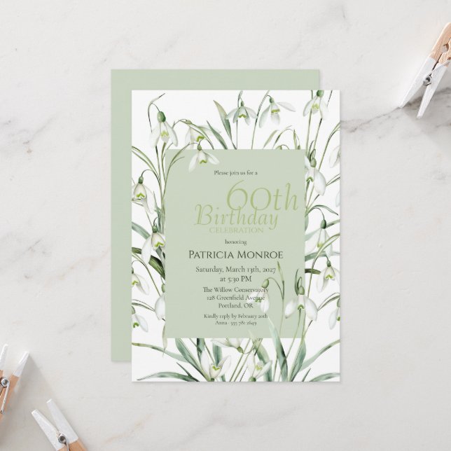 Invitation Snowdrop 60th Birthday Watercolor Botanical Green (Devant/Arrière en situation)