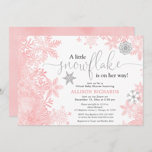 Invitation Snowflake baby shower virtuel fille rose argent (Devant / Derrière)