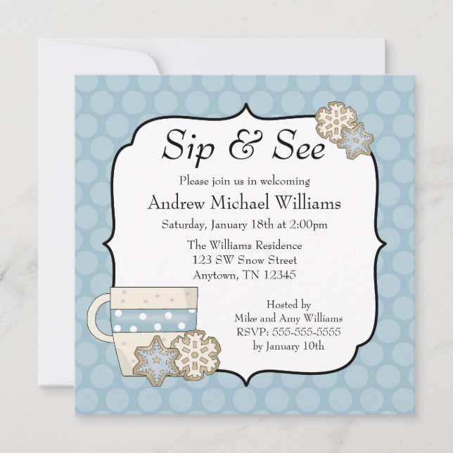 Invitation Snowflake Blue Polka Point Sip et voir (Devant)
