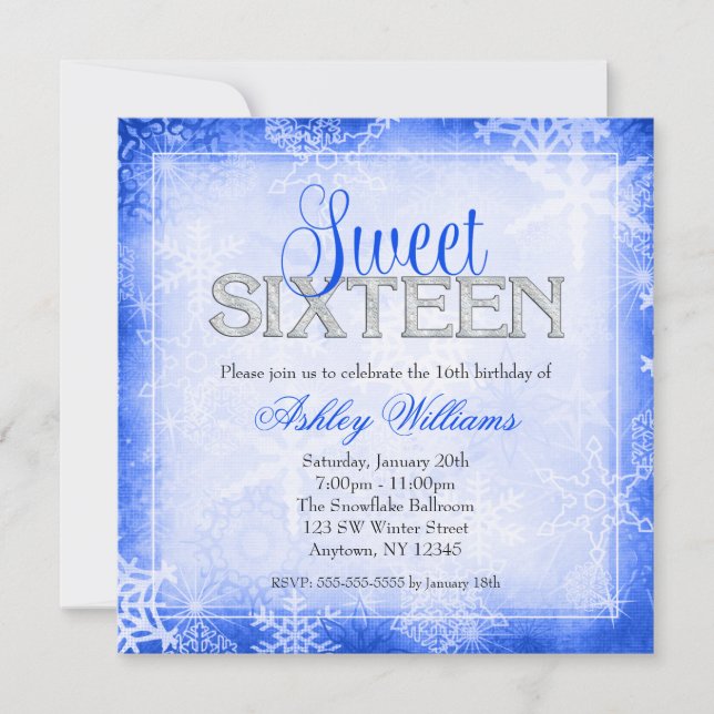Invitation Snowflake Blue Winter Wonderland Sweet 16 (Devant)