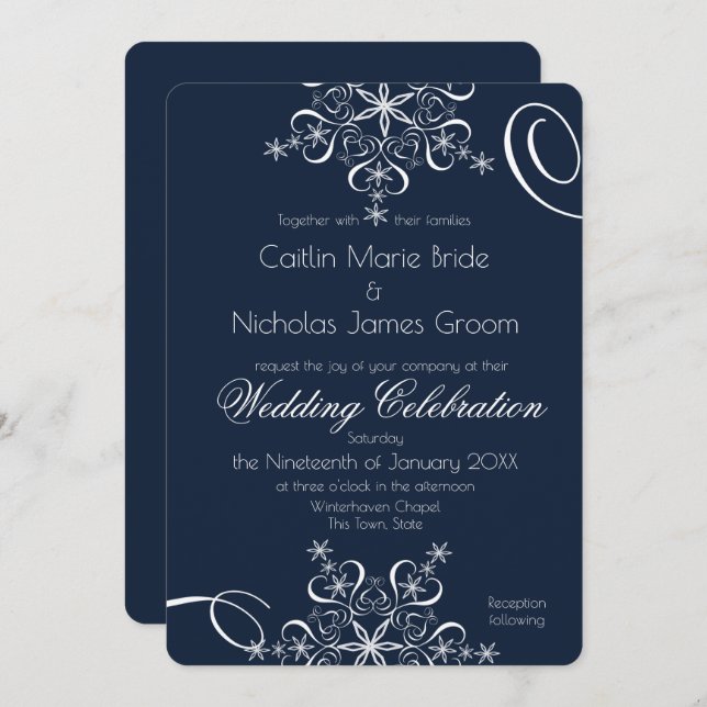 Invitation Snowflake Marine Blue Elegance Mariage d'hiver (Devant / Derrière)