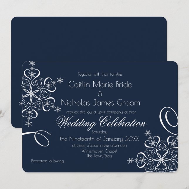 Invitation Snowflake Marine Blue Elegance Mariage d'hiver (Devant / Derrière)