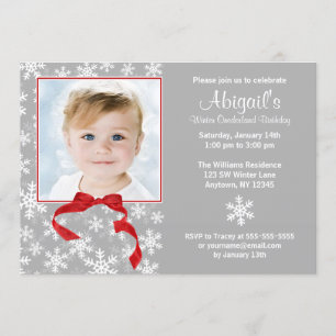 Invitation Snowflake Red Bow Winter Onederland Photo Annivers