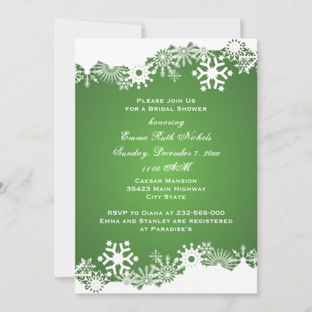 Invitation Snowflake vert blanc d'hiver mariage nuptiale douc (Devant)