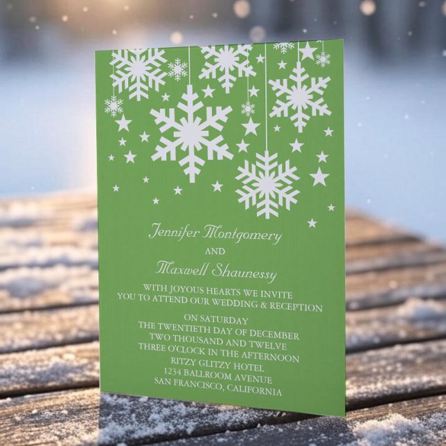 Invitation Snowflakes and Stars Wedding Invitation, Green (Green Snowflakes and Stars Wedding Invitation)