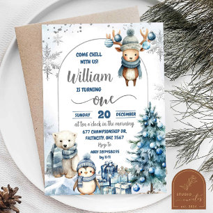 Invitation Snowflakes Animaux d'art Noël Premier anniversaire