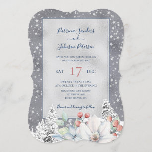 Invitation Snowflakes argent hiver rustique mariage floral