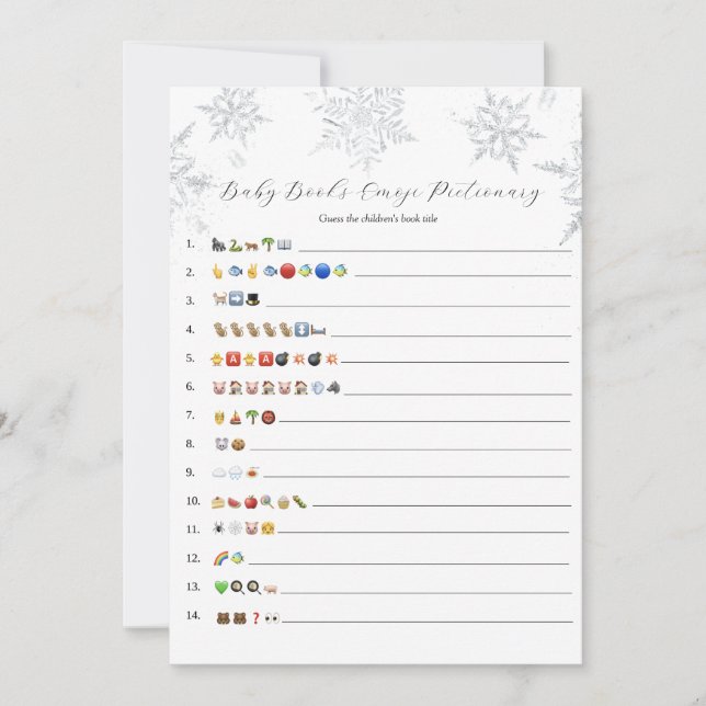 Invitation Snowflakes Baby Books Emoji Game Card (Devant)