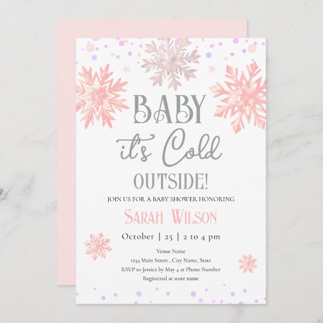 Invitation Snowflakes Baby It's Cold Outside Baby shower Rose (Devant / Derrière)