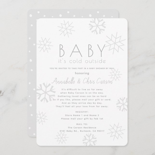 Invitation Snowflakes Baby Son Baby shower gris froid par cou (Devant / Derrière)