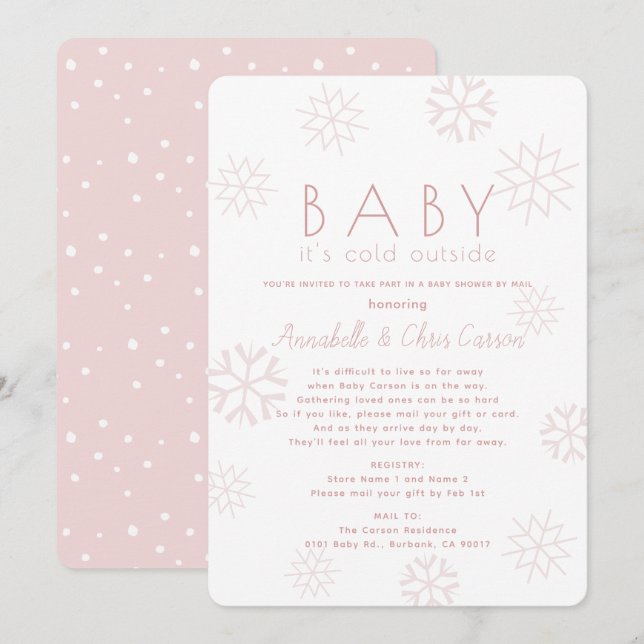 Invitation Snowflakes Baby Son Baby shower rose froid par cou (Devant / Derrière)