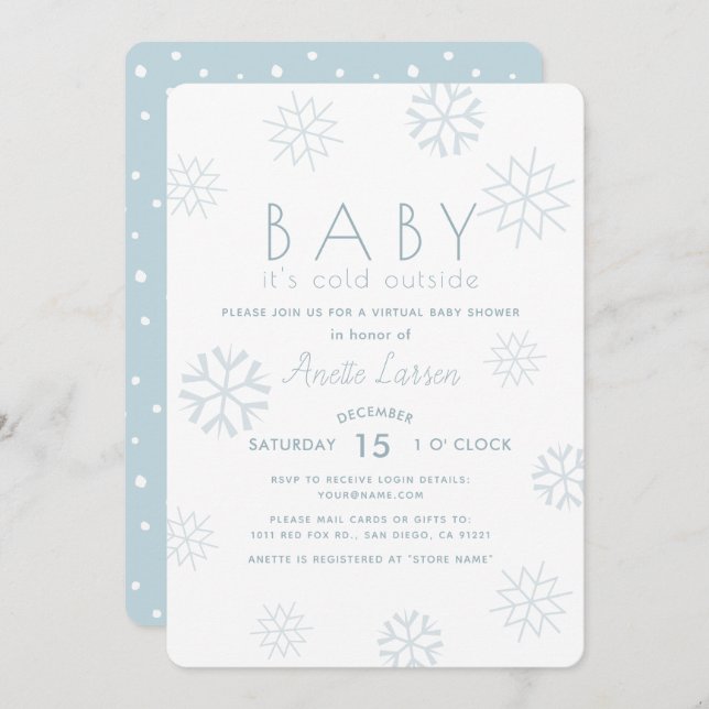 Invitation Snowflakes Baby Son Baby shower virtuel bleu froid (Devant / Derrière)