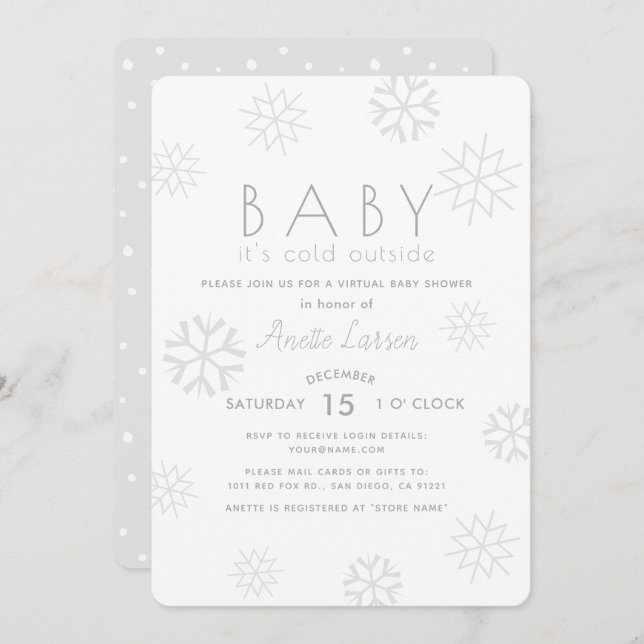 Invitation Snowflakes Baby Son Baby shower virtuel gris froid (Devant / Derrière)
