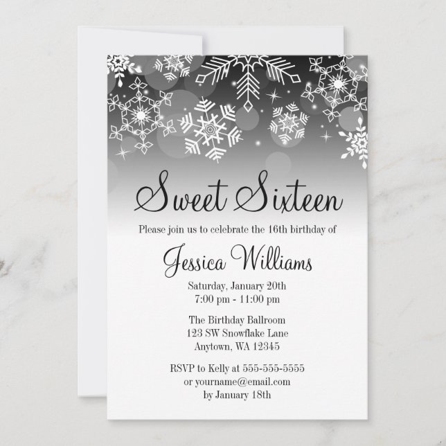 Invitation Snowflakes Black White Winter Wonderland Sweet 16 (Devant)