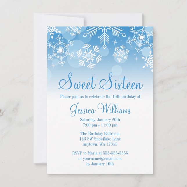 Invitation Snowflakes Blue White Winter Wonderland Sweet 16 (Devant)