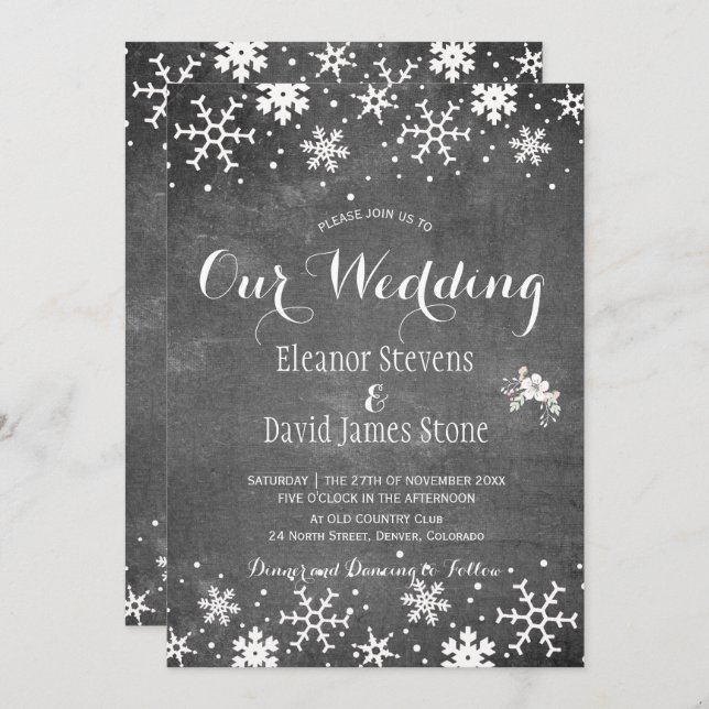 Invitation Snowflakes chalkboard hiver rustique mariage (Devant / Derrière)