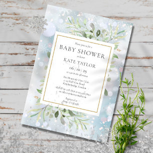Invitation Snowflakes d'hiver Baby shower verdoyant   Saupoud