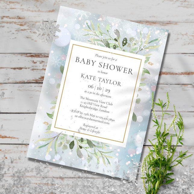 Invitation Snowflakes d'hiver Baby shower verdoyant | Saupoud (Créateur téléchargé)