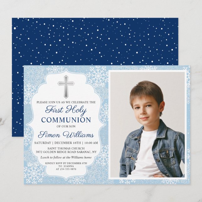 Invitation Snowflakes d'hiver Blue First Holy Communion Photo (Devant / Derrière)