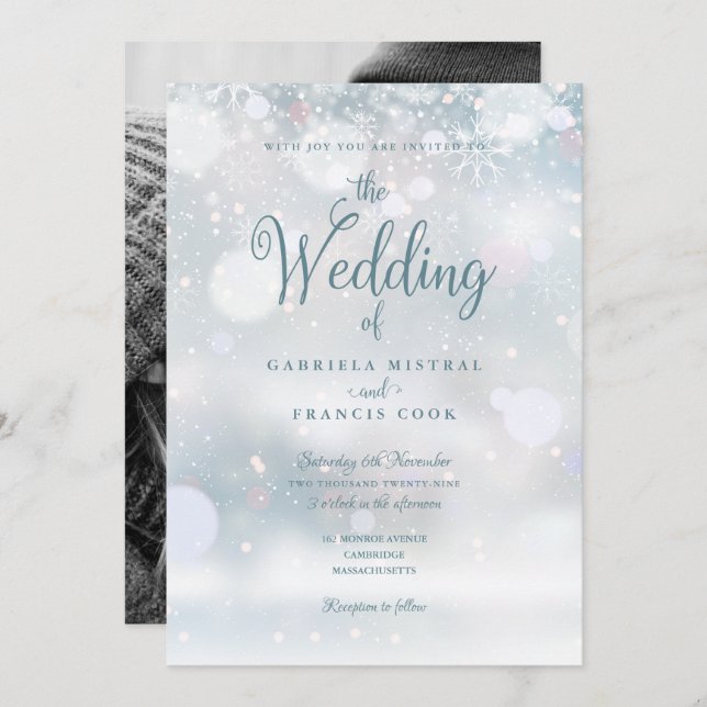 Invitation Snowflakes d'hiver Élégant script Mariage photo (Devant / Derrière)