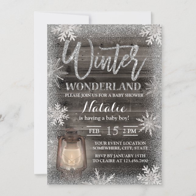 Invitation Snowflakes d'hiver & Lantern Grange Baby shower en (Devant)