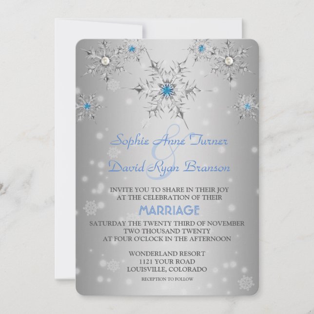 Invitation Snowflakes en argent Crystals Blue Pearls Mariage (Devant)