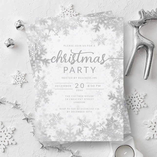 Invitation Snowflakes en argent moderne Société Fête de Noël (Modern Silver Snowflakes Company Christmas Party Invitation)